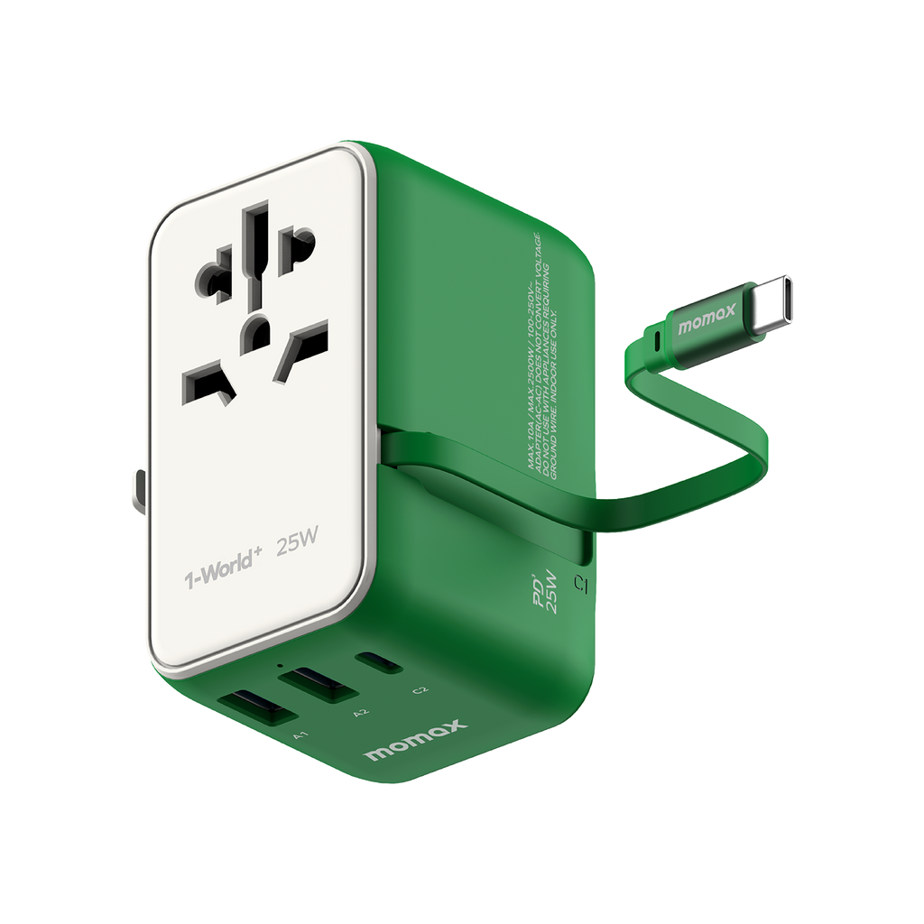 Momax 1-World+ 3-Port Travel Charger Built-In USB-C Cable 25W