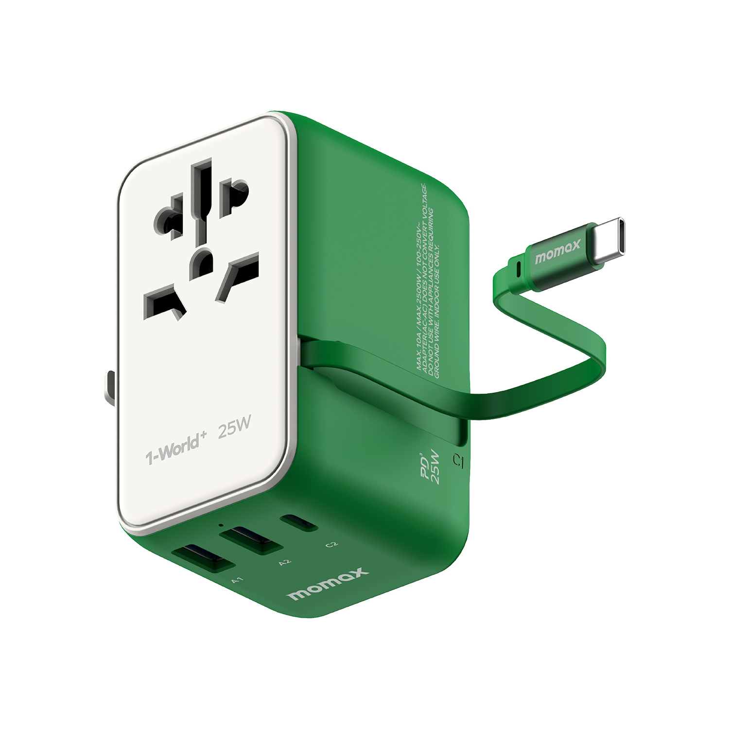 Momax 1-World+ 3-Port Travel Charger Built-In USB-C Cable 25W