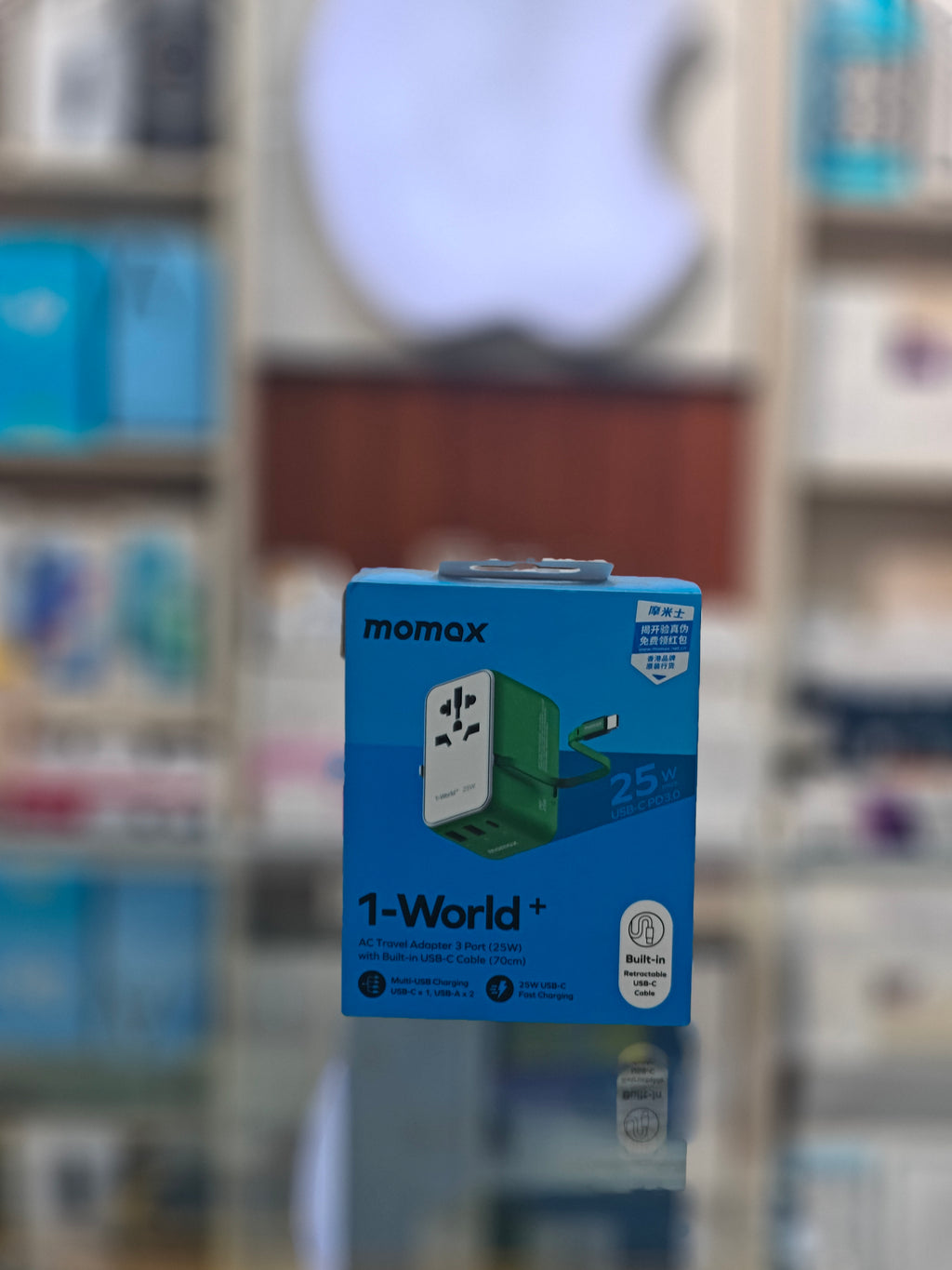 Momax 1-World+ 3-Port Travel Charger Built-In USB-C Cable 25W
