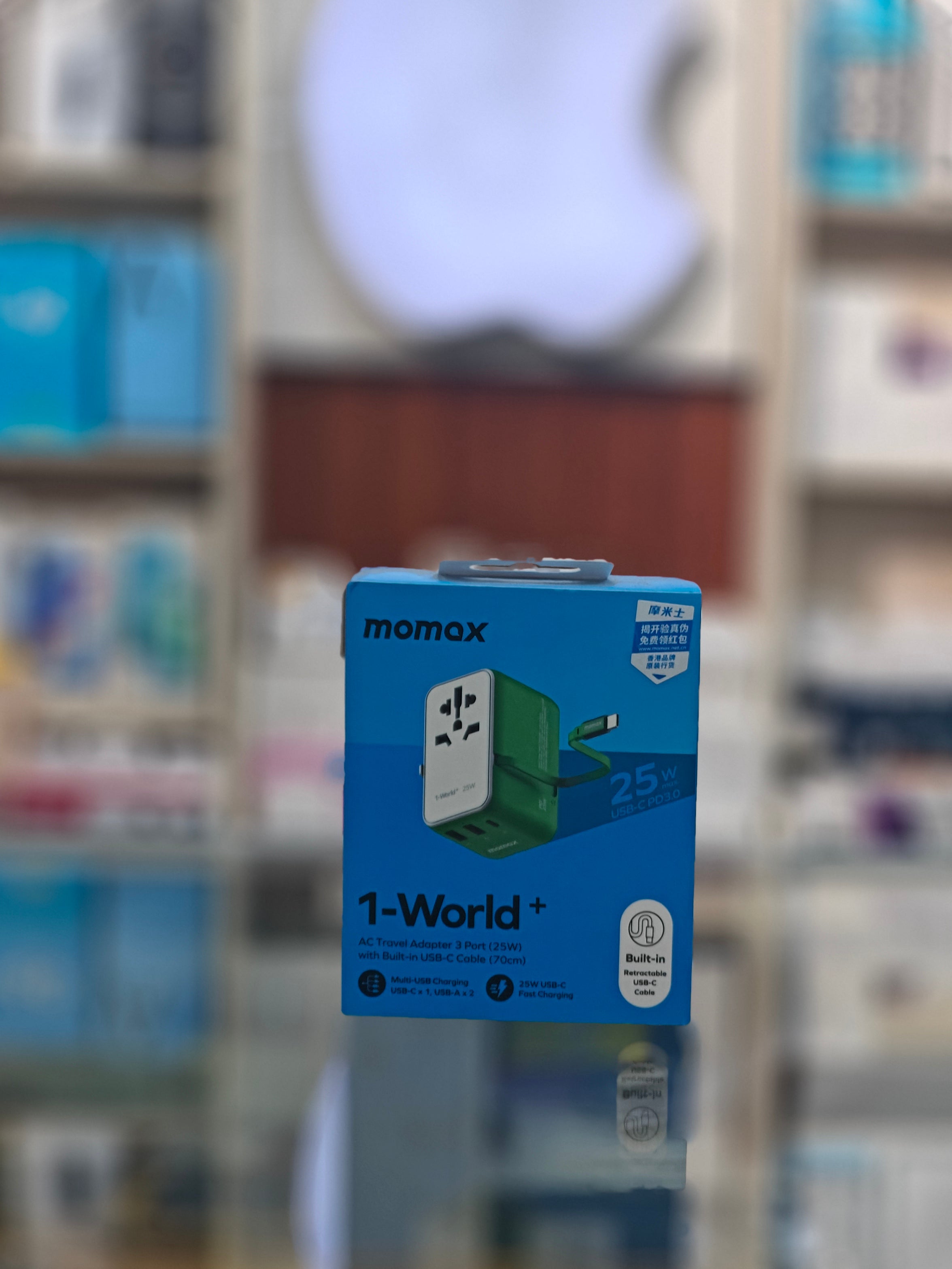 Momax 1-World+ 3-Port Travel Charger Built-In USB-C Cable 25W