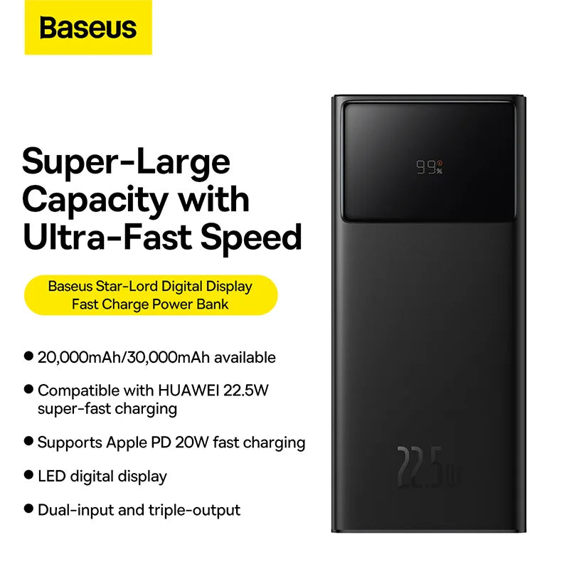 Baseus Power Bank 30000mAh 22.5W Star-Lord Digital Display Fast Charge with  USB to Type-C 3A 0.3m Cable- Black